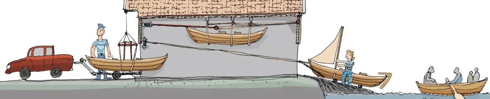 Tegning av nøst og båter på slipp