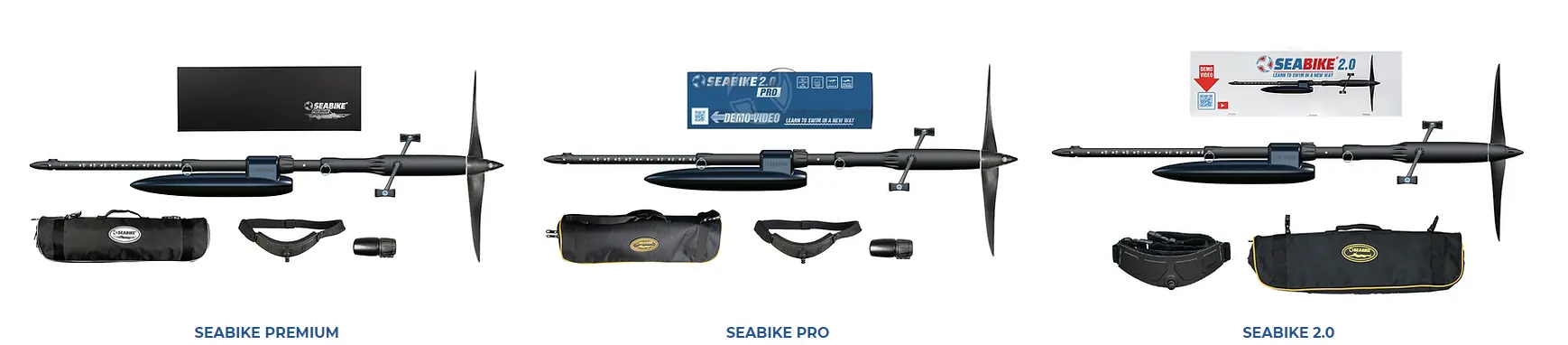 Det finnes flere pakker fra SEABIKE. Her ser vi SEABIKE Premium-, SEABIKE pro-, og SEABIKE 2.0 pakkene.