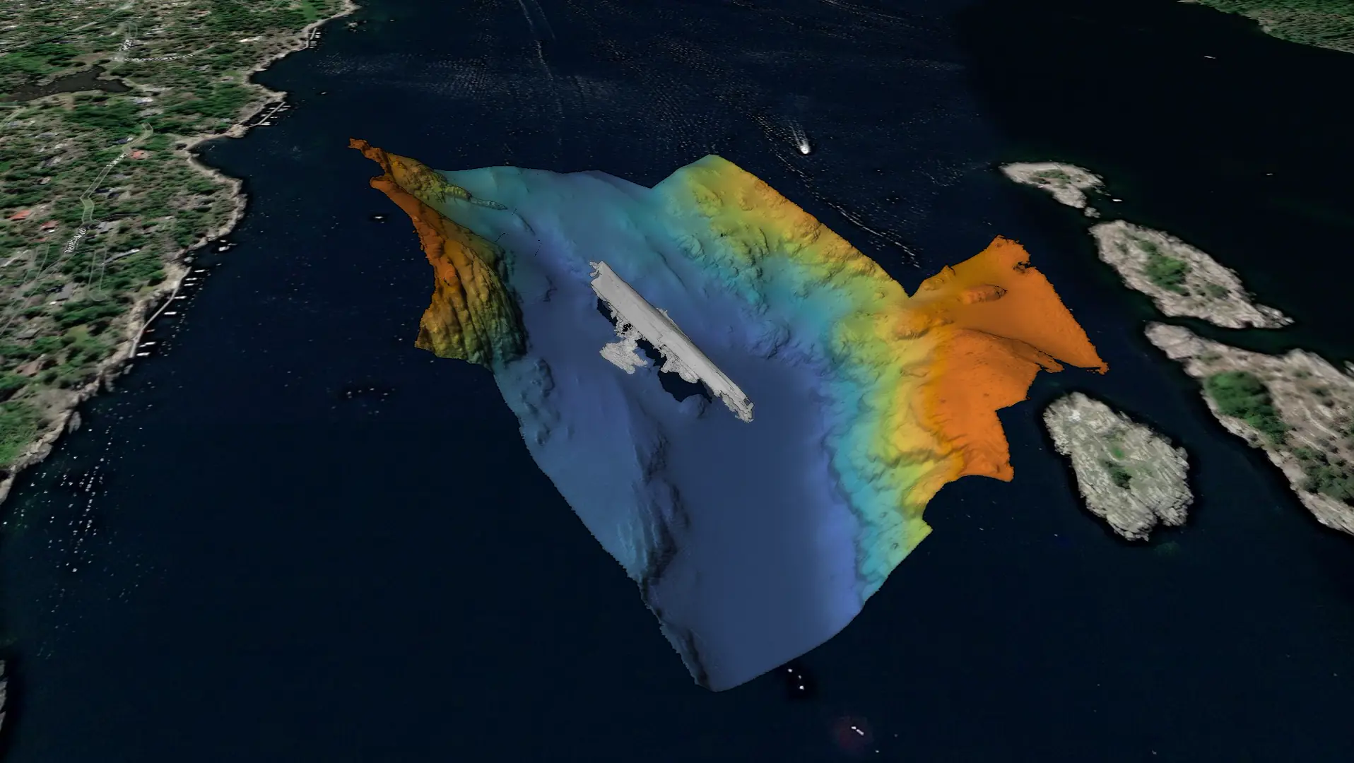 I Drøbaksundet har Blücher ligget på havbunnen siden 1940. Nå har Kystverket laget en 3D-modell for bedre å overvåke vraket. Foto: Dykkerteknikk / Kystverket